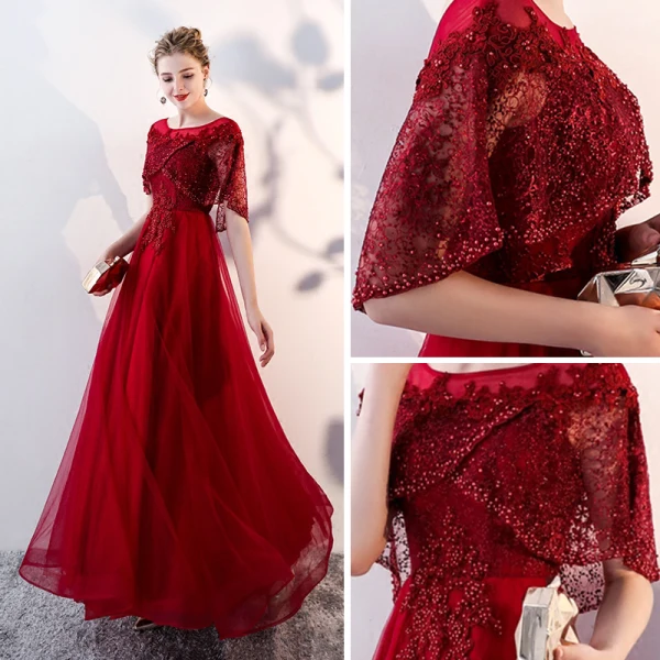 Chic / Beautiful Burgundy Evening Dresses With Shawl 2019 A-Line / Princess Scoop Neck Appliques Lace Beading Pearl Floor-Length / Long Ruffle Backless Formal Dresses