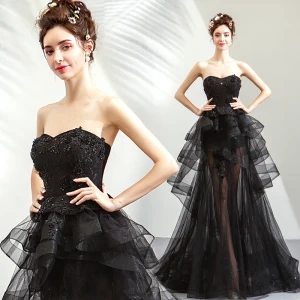 Sexy Sommer Svart Selskapskjoler 2019 Prinsesse Kjæreste Uten Ermer Paljetter Beading Feie Tog Gripende Ruffles Ryggløse Formelle Kjoler