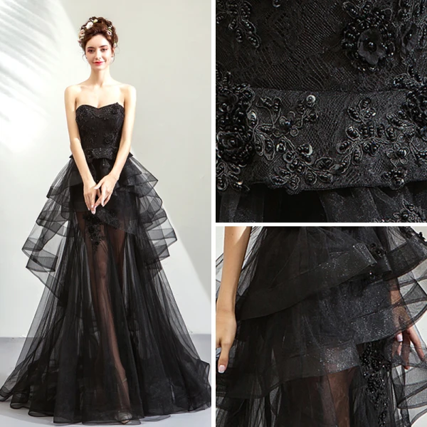 Sexy Sommer Svart Selskapskjoler 2019 Prinsesse Kjæreste Uten Ermer Paljetter Beading Feie Tog Gripende Ruffles Ryggløse Formelle Kjoler