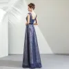 Bling Bling Navy Blue Evening Dresses  2019 A-Line / Princess Scoop Neck Sleeveless Glitter Tulle Sash Floor-Length / Long Ruffle Backless Formal Dresses