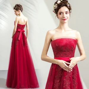 Elegant Burgundy Bridesmaid Dresses 2019 A Line Princess Strapless Sleeveless Appliques Lace Bow Sash Floor Length Long Ruffle Backless Wedding Party Dresses