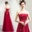 Elegant Burgundy Bridesmaid Dresses 2019 A-Line / Princess Strapless Sleeveless Appliques Lace Bow Sash Floor-Length / Long Ruffle Backless Wedding Party Dresses