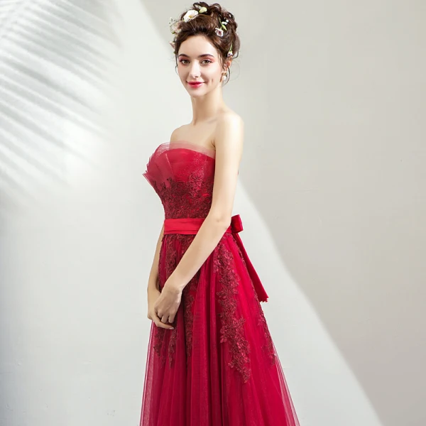 wedding dress burgundy sash Burgundy Sheath Satin Ruched Spaghetti Straps Long Bridesmaid Dress with  Slit