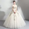 Affordable Champagne Wedding Dresses 2019 Ball Gown Off-The-Shoulder Short Sleeve Backless Appliques Embroidered Pearl Rhinestone Floor-Length / Long Ruffle