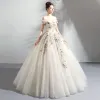 Affordable Champagne Wedding Dresses 2019 Ball Gown Off-The-Shoulder Short Sleeve Backless Appliques Embroidered Pearl Rhinestone Floor-Length / Long Ruffle