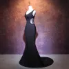 Modest / Simple Black Pierced Evening Dresses  2017 Trumpet / Mermaid V-Neck Sleeveless Beading Court Train Backless Formal Dresses