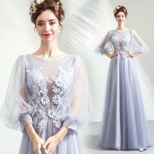 Illusion Argenté Transparentes Robe De Soirée 2019 Princesse Encolure Dégagée Gonflée 3 4 Manches Appliques En Dentelle Perle Faux Diamant Train De Balayage Volants Dos Nu Robe De Ceremonie