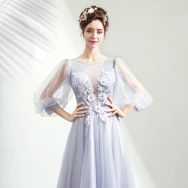 Illusion Argenté Transparentes Robe De Soirée 2019 Princesse Encolure Dégagée Gonflée 3/4 Manches Appliques En Dentelle Perle Faux Diamant Train De Balayage Volants Dos Nu Robe De Ceremonie