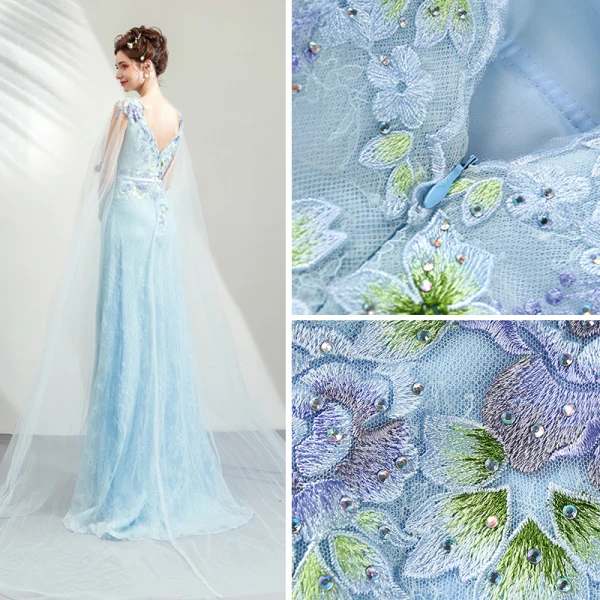 Elegante Blau Abendkleider 2019 Etui Rundhalsausschnitt Ärmellos Applikationen Spitze Strass Stoffgürtel Watteau-falte Rüschen Rückenfreies Festliche Kleider