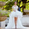 High Low White Wedding Dresses 2019 A-Line / Princess Shoulders Cap Sleeves Backless Appliques Lace Pearl Asymmetrical Ruffle