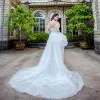 High Low White Wedding Dresses 2019 A-Line / Princess Shoulders Cap Sleeves Backless Appliques Lace Pearl Asymmetrical Ruffle