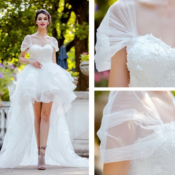 Hohes Niedriges Weiß Brautkleider / Hochzeitskleider 2019 A Linie Schultern Ärmel Rückenfreies Applikationen Spitze Perle Asymmetrisch Rüschen