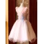 Modern / Fashion Pearl Pink Cocktail Dresses 2019 A-Line / Princess V-Neck Sleeveless Appliques Lace Glitter Tulle Short Ruffle Backless Formal Dresses