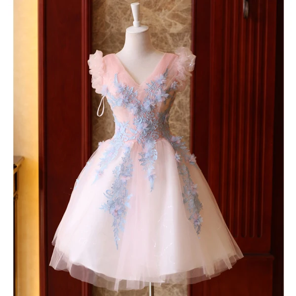 Modern / Fashion Pearl Pink Cocktail Dresses 2019 A-Line / Princess V-Neck Sleeveless Appliques Lace Glitter Tulle Short Ruffle Backless Formal Dresses