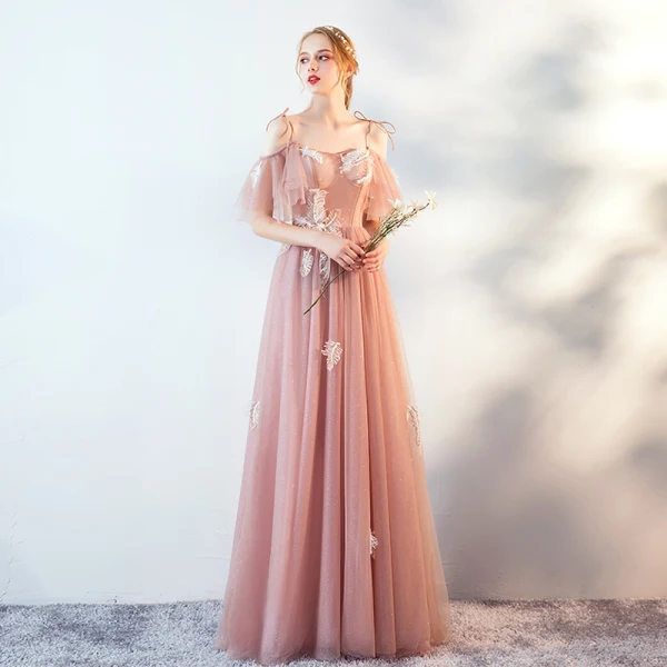 Elegant Pearl Pink Evening Dresses 2019 A-Line / Princess Spaghetti Straps Short Sleeve Appliques Lace Glitter Tulle Floor-Length / Long Ruffle Backless Formal Dresses