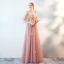 Elegant Pearl Pink Evening Dresses  2019 A-Line / Princess Spaghetti Straps Short Sleeve Appliques Lace Glitter Tulle Floor-Length / Long Ruffle Backless Formal Dresses