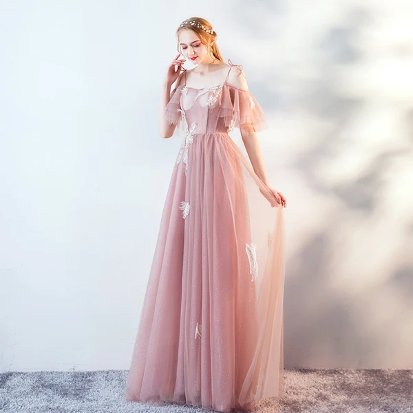 Elegant Pearl Pink Evening Dresses 2019 A-Line / Princess Spaghetti Straps Short Sleeve Appliques Lace Glitter Tulle Floor-Length / Long Ruffle Backless Formal Dresses