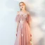 Elegant Pearl Pink Evening Dresses  2019 A-Line / Princess Spaghetti Straps Short Sleeve Appliques Lace Glitter Tulle Floor-Length / Long Ruffle Backless Formal Dresses