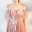 Elegant Pearl Pink Evening Dresses  2019 A-Line / Princess Spaghetti Straps Short Sleeve Appliques Lace Glitter Tulle Floor-Length / Long Ruffle Backless Formal Dresses