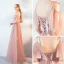 Elegant Pearl Pink Evening Dresses  2019 A-Line / Princess Spaghetti Straps Short Sleeve Appliques Lace Glitter Tulle Floor-Length / Long Ruffle Backless Formal Dresses