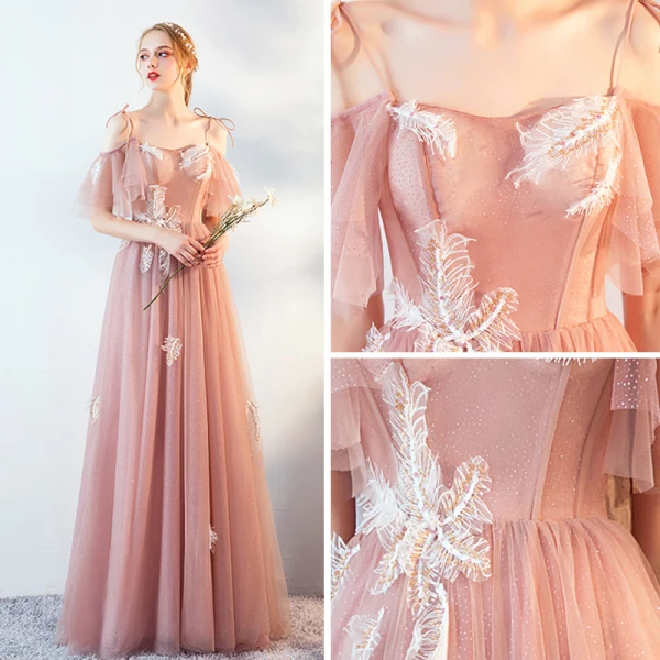 Elegant Pearl Pink Evening Dresses 2019 A-Line / Princess Spaghetti Straps Short Sleeve Appliques Lace Glitter Tulle Floor-Length / Long Ruffle Backless Formal Dresses