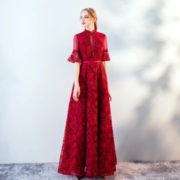 Vintage Bordeaux Doorzichtige Avondjurken 2019 A Lijn Hoge Kraag Bell Mouwen Appliques Kant Parel Rhinestone Gordel Lange Ruche Ruglooze Gelegenheid Jurken