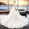 Chinese style Ivory See-through Wedding Dresses 2019 A-Line / Princess High Neck 1/2 Sleeves Backless Pearl Appliques Lace Pierced Chapel Train Ruffle