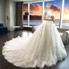 Chinese style Ivory See-through Wedding Dresses 2019 A-Line / Princess High Neck 1/2 Sleeves Backless Pearl Appliques Lace Pierced Chapel Train Ruffle