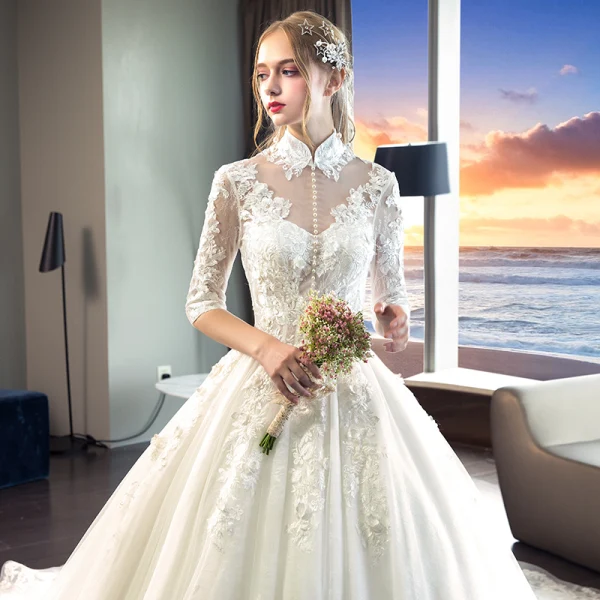 Chinese style Ivory See-through Wedding Dresses 2019 A-Line / Princess High Neck 1/2 Sleeves Backless Pearl Appliques Lace Pierced Chapel Train Ruffle
