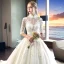 Chinese style Ivory See-through Wedding Dresses 2019 A-Line / Princess High Neck 1/2 Sleeves Backless Pearl Appliques Lace Pierced Chapel Train Ruffle