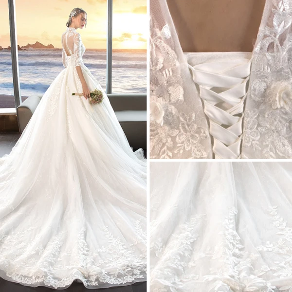 Chinese style Ivory See-through Wedding Dresses 2019 A-Line / Princess High Neck 1/2 Sleeves Backless Pearl Appliques Lace Pierced Chapel Train Ruffle