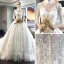 Chinese style Ivory See-through Wedding Dresses 2019 A-Line / Princess High Neck 1/2 Sleeves Backless Pearl Appliques Lace Pierced Chapel Train Ruffle
