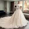 Illusion Champagne Pierced Wedding Dresses 2019 A-Line / Princess High Neck Long Sleeve Backless Appliques Lace Cathedral Train Ruffle