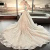 Illusion Champagne Pierced Wedding Dresses 2019 A-Line / Princess High Neck Long Sleeve Backless Appliques Lace Cathedral Train Ruffle