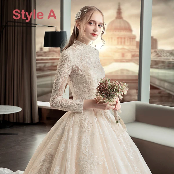 Illusion Champagne Pierced Wedding Dresses 2019 A-Line / Princess High Neck Long Sleeve Backless Appliques Lace Cathedral Train Ruffle
