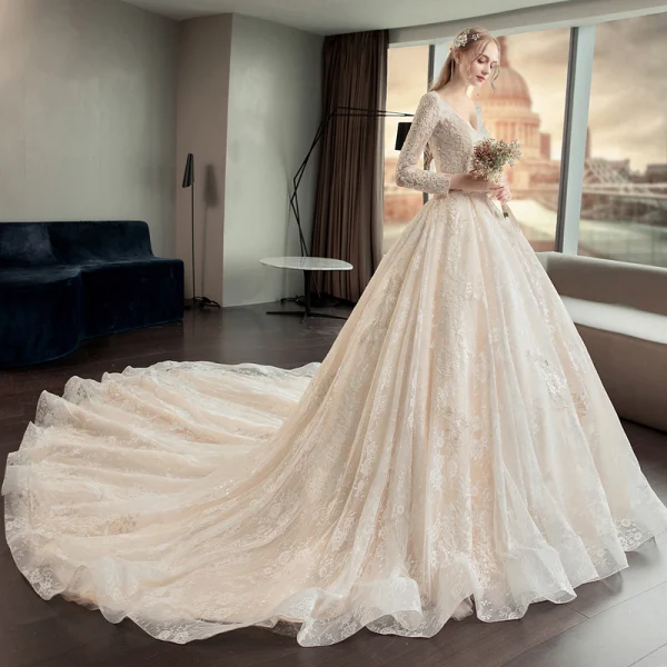 Illusion Champagne Pierced Wedding Dresses 2019 A-Line / Princess High Neck Long Sleeve Backless Appliques Lace Cathedral Train Ruffle