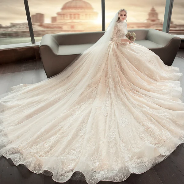 Illusion Champagne Pierced Wedding Dresses 2019 A-Line / Princess High Neck Long Sleeve Backless Appliques Lace Cathedral Train Ruffle