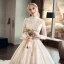 Illusion Champagne Pierced Wedding Dresses 2019 A-Line / Princess High Neck Long Sleeve Backless Appliques Lace Cathedral Train Ruffle