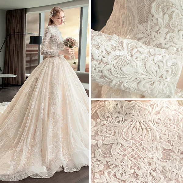 Illusion Champagne Pierced Wedding Dresses 2019 A-Line / Princess High Neck Long Sleeve Backless Appliques Lace Cathedral Train Ruffle