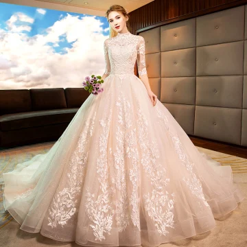 Vintage Champagne Genomskinliga Bröllopsklänningar 2019 Prinsessa Hög Hals 3 4 Ärm Halterneck Pierced Appliqués Spets Glittriga Glitter Tyll Chapel Train Ruffle