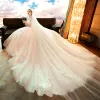 Vintage / Retro Champagne See-through Wedding Dresses 2019 A-Line / Princess High Neck 3/4 Sleeve Backless Pierced Appliques Lace Glitter Tulle Chapel Train Ruffle