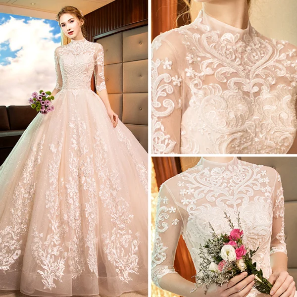 Vintage / Retro Champagne See-through Wedding Dresses 2019 A-Line / Princess High Neck 3/4 Sleeve Backless Pierced Appliques Lace Glitter Tulle Chapel Train Ruffle