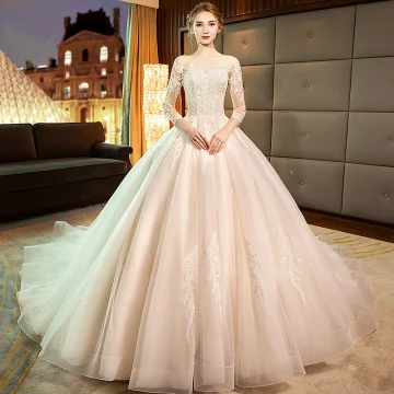 Élégant Champagne Transparentes Robe De Mariée 2019 Princesse Encolure Dégagée 3 4 Manches Dos Nu Percé Appliques En Dentelle Perle Cathedral Train Volants