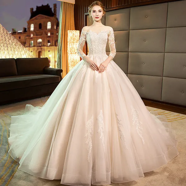 Elegant Champagne See-through Wedding Dresses 2019 A-Line / Princess Scoop Neck 3/4 Sleeve Backless Pierced Appliques Lace Pearl Cathedral Train Ruffle