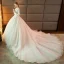 Elegant Champagne See-through Wedding Dresses 2019 A-Line / Princess Scoop Neck 3/4 Sleeve Backless Pierced Appliques Lace Pearl Cathedral Train Ruffle