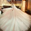 Elegant Champagne See-through Wedding Dresses 2019 A-Line / Princess Scoop Neck 3/4 Sleeve Backless Pierced Appliques Lace Pearl Cathedral Train Ruffle
