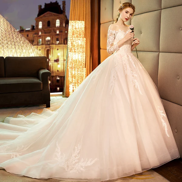 Elegant Champagne See-through Wedding Dresses 2019 A-Line / Princess Scoop Neck 3/4 Sleeve Backless Pierced Appliques Lace Pearl Cathedral Train Ruffle