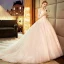 Elegant Champagne See-through Wedding Dresses 2019 A-Line / Princess Scoop Neck 3/4 Sleeve Backless Pierced Appliques Lace Pearl Cathedral Train Ruffle