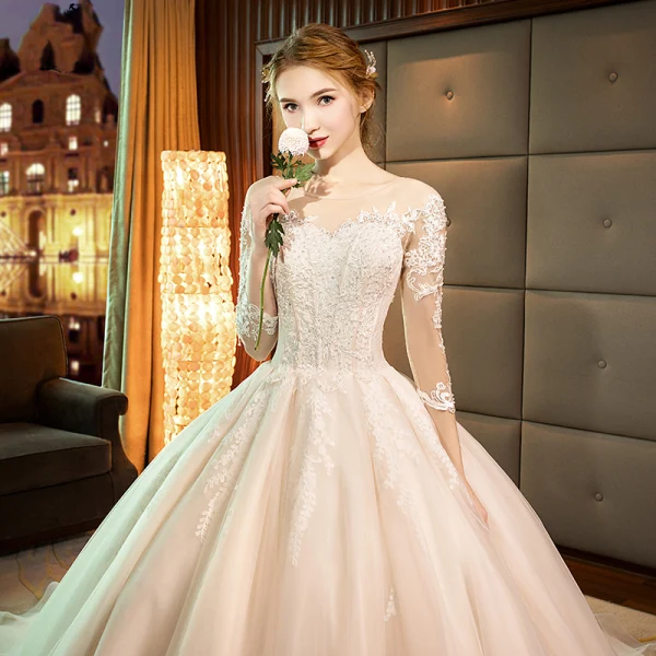 Elegant Champagne See-through Wedding Dresses 2019 A-Line / Princess Scoop Neck 3/4 Sleeve Backless Pierced Appliques Lace Pearl Cathedral Train Ruffle