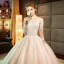 Elegant Champagne See-through Wedding Dresses 2019 A-Line / Princess Scoop Neck 3/4 Sleeve Backless Pierced Appliques Lace Pearl Cathedral Train Ruffle